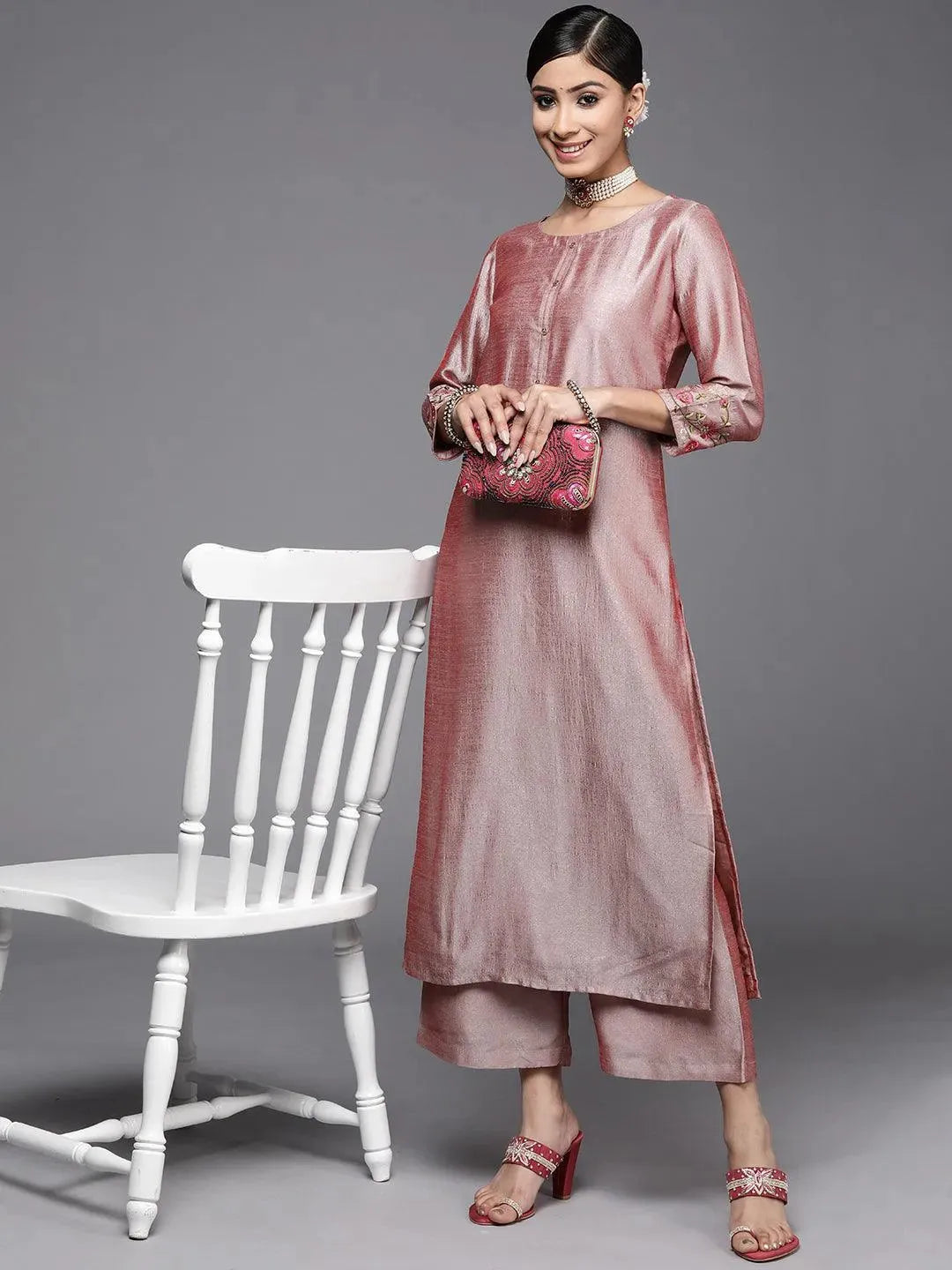 Pink Solid Silk Kurta - Libas