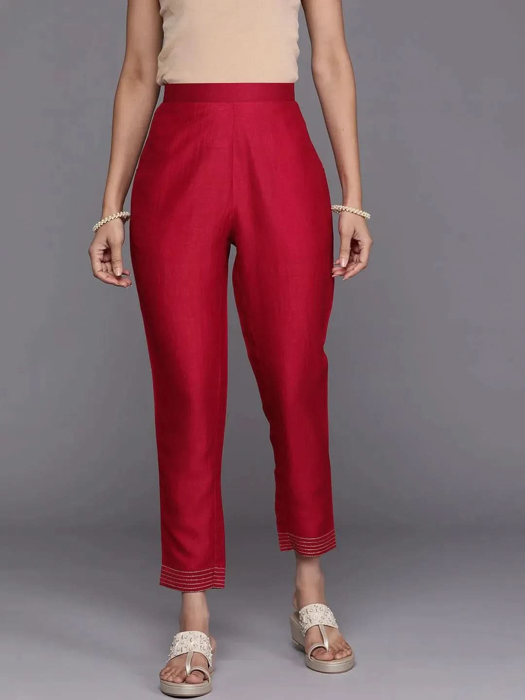 Pink Solid Silk Trousers-image-8