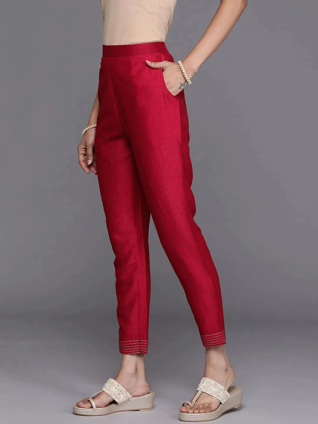 Pink Solid Silk Trousers - Libas