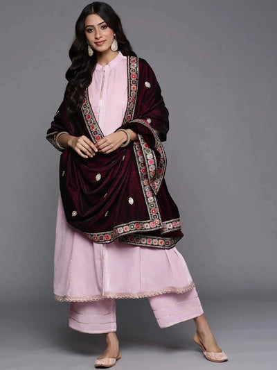 Pink Solid Velvet Suit Set - Libas