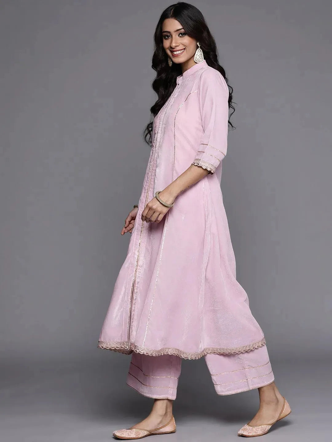 Pink Solid Velvet Suit Set - Libas