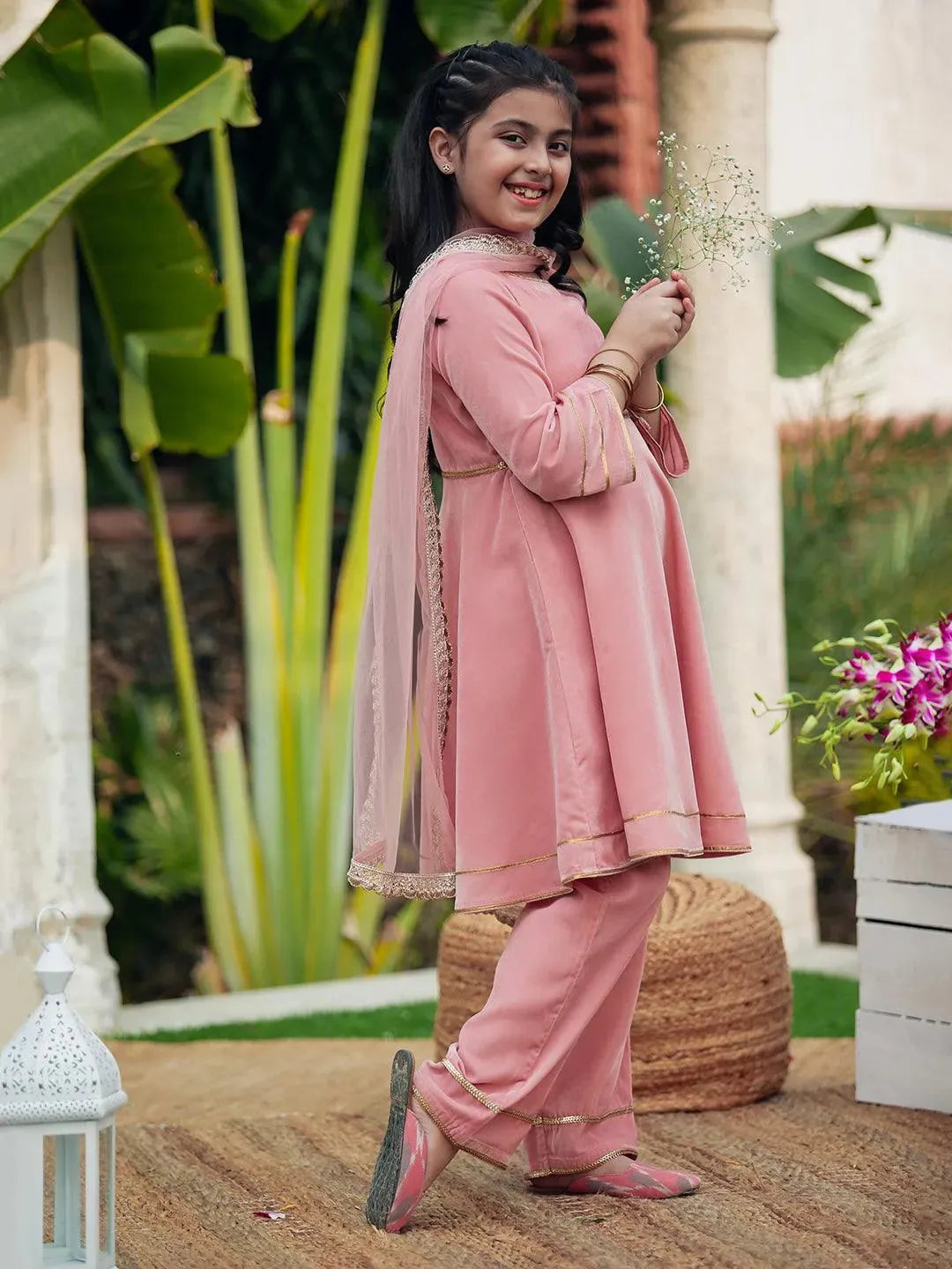 Pink Solid Velvet Suit Set - Libas