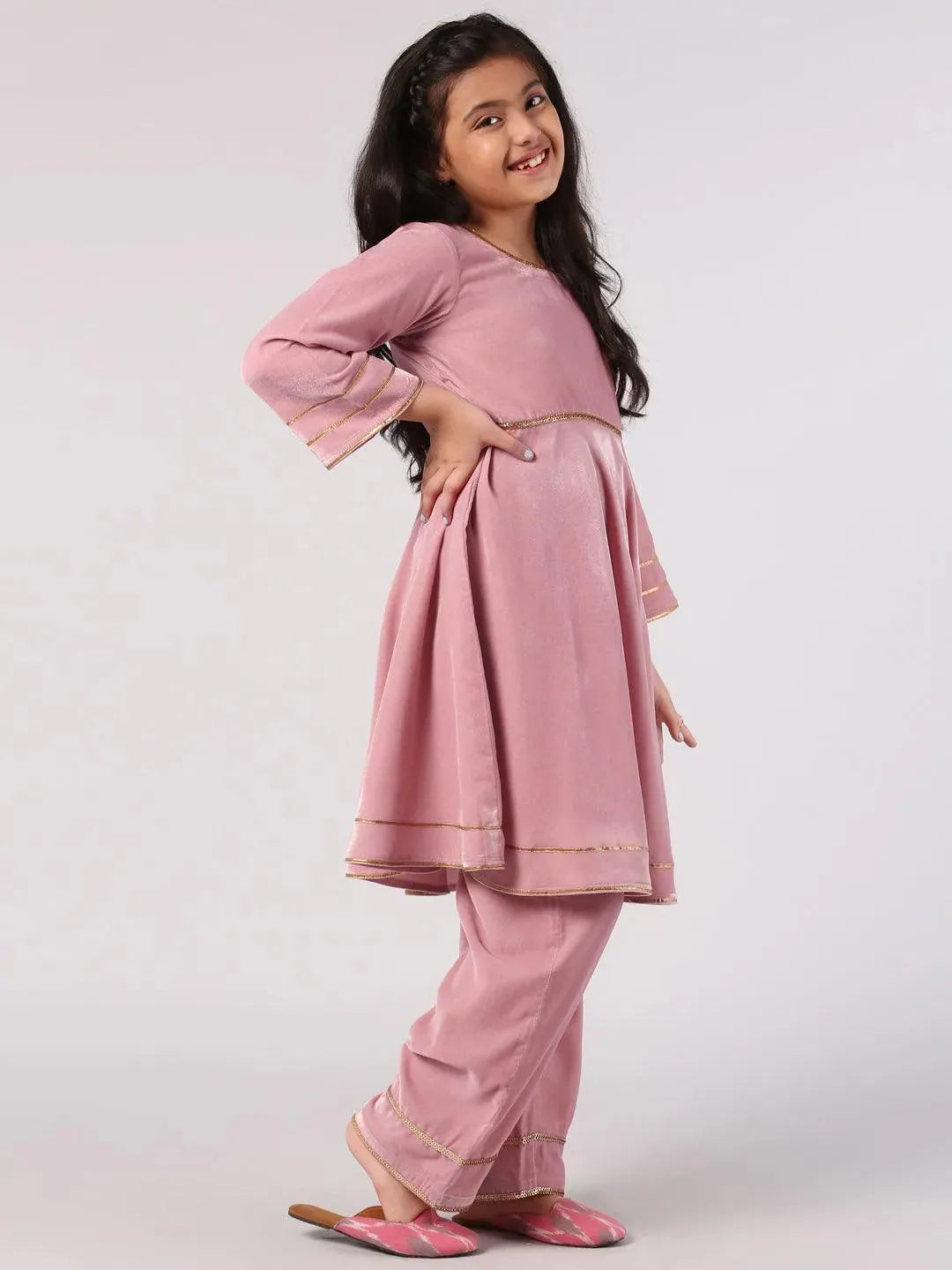 Pink Solid Velvet Suit Set - Libas