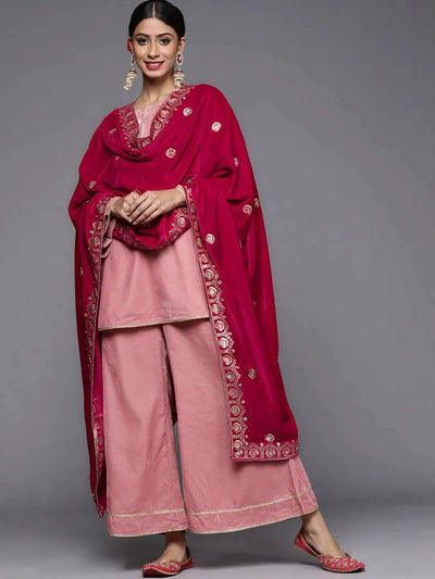 Pink Solid Velvet Suit Set - Libas