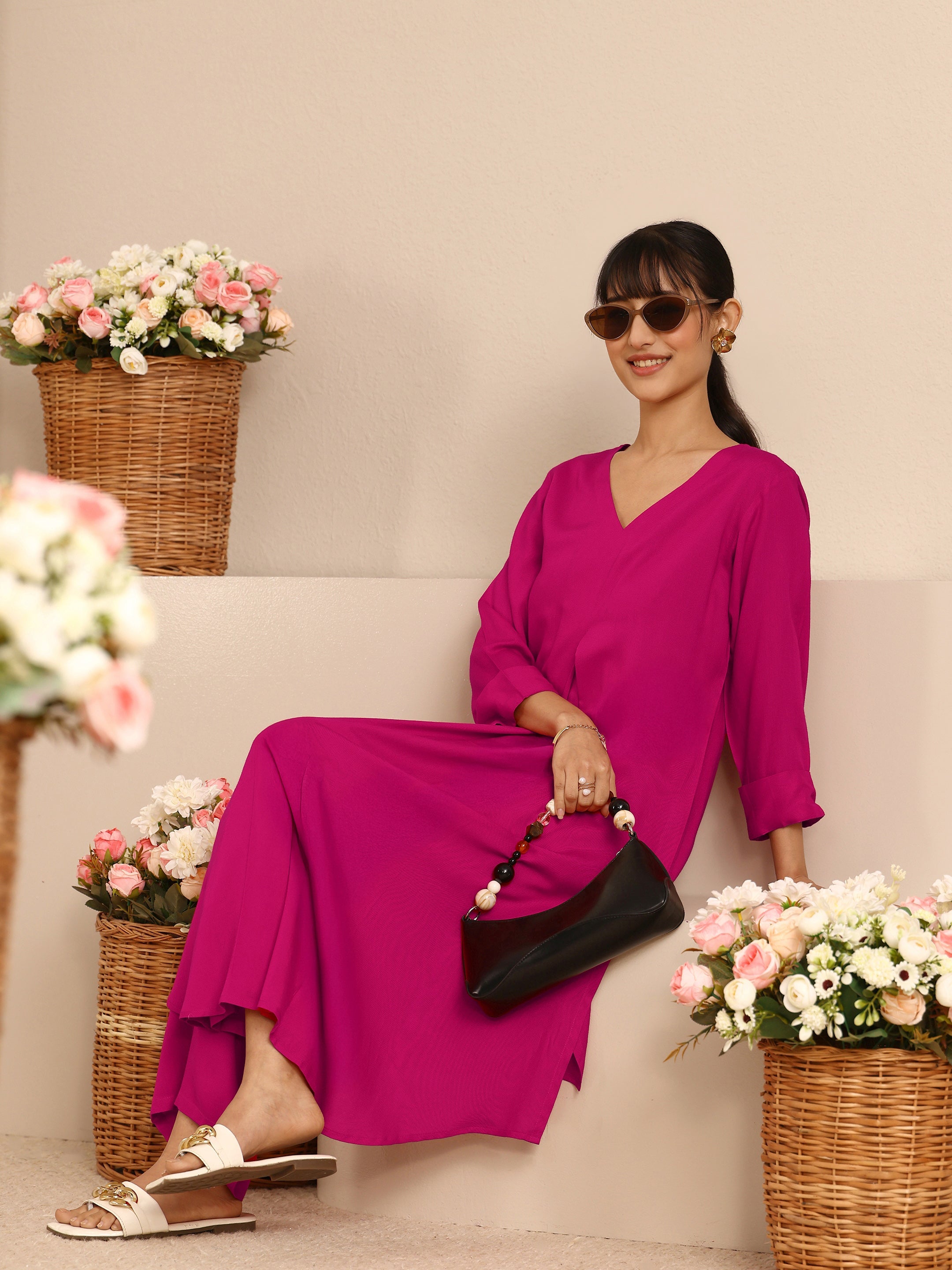 libas Pink Solid Viscose Rayon A-Line Kurta Set-picture-40
