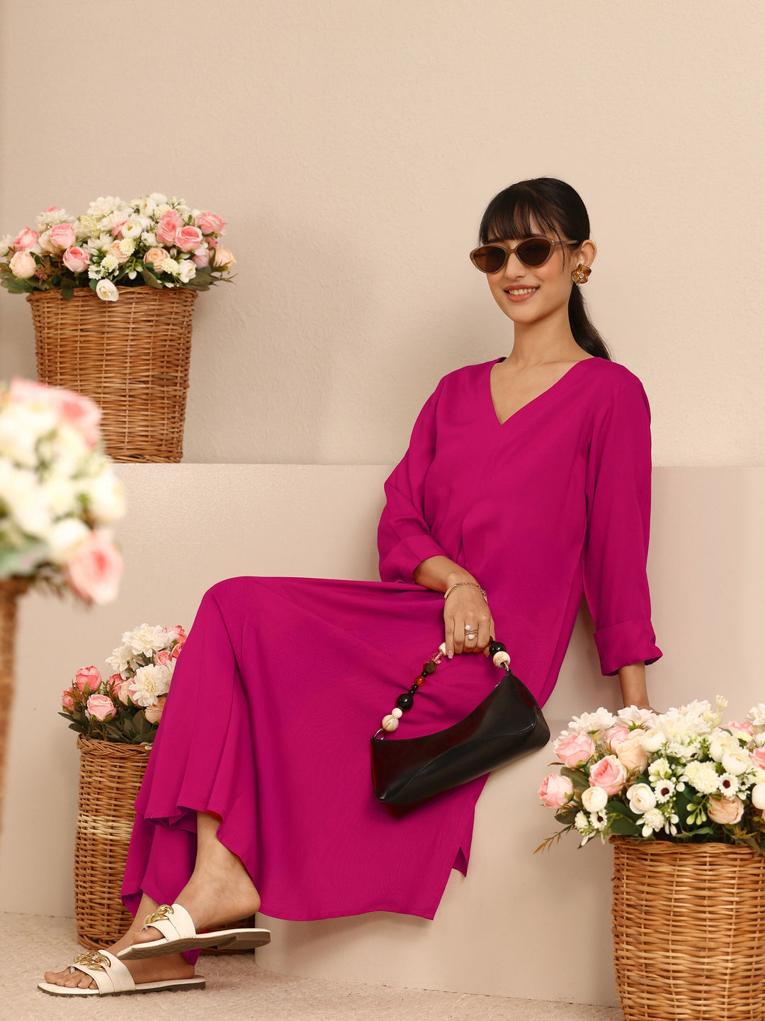 Pink Solid Viscose Rayon A-Line Kurta Set