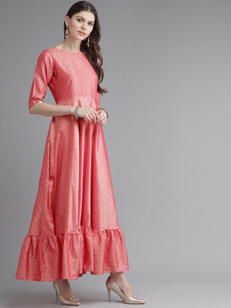 Pink Striped Chanderi Dress With Dupatta