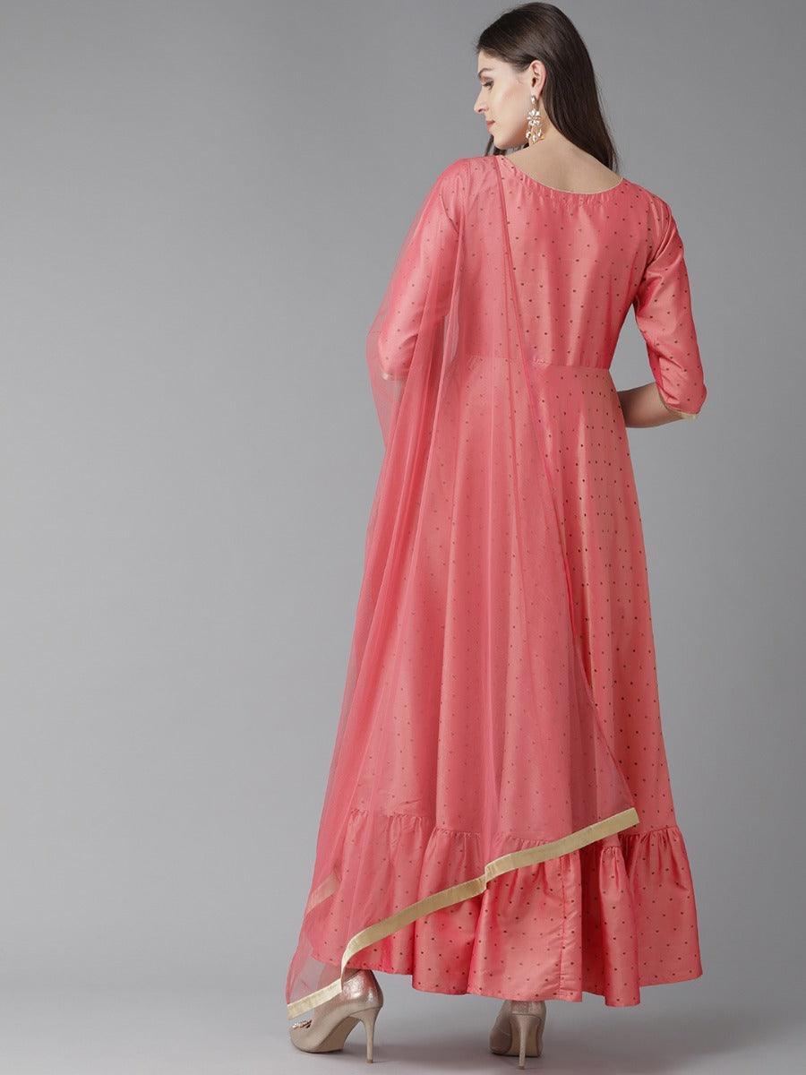 Pink Striped Chanderi Dress With Dupatta