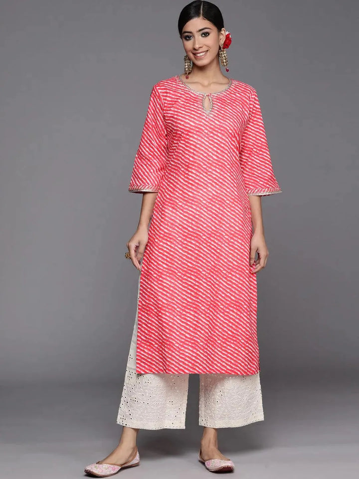Pink Striped Cotton Straight Kurta - Libas