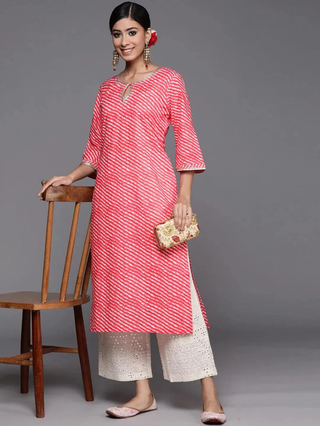 Pink Striped Cotton Straight Kurta - Libas 