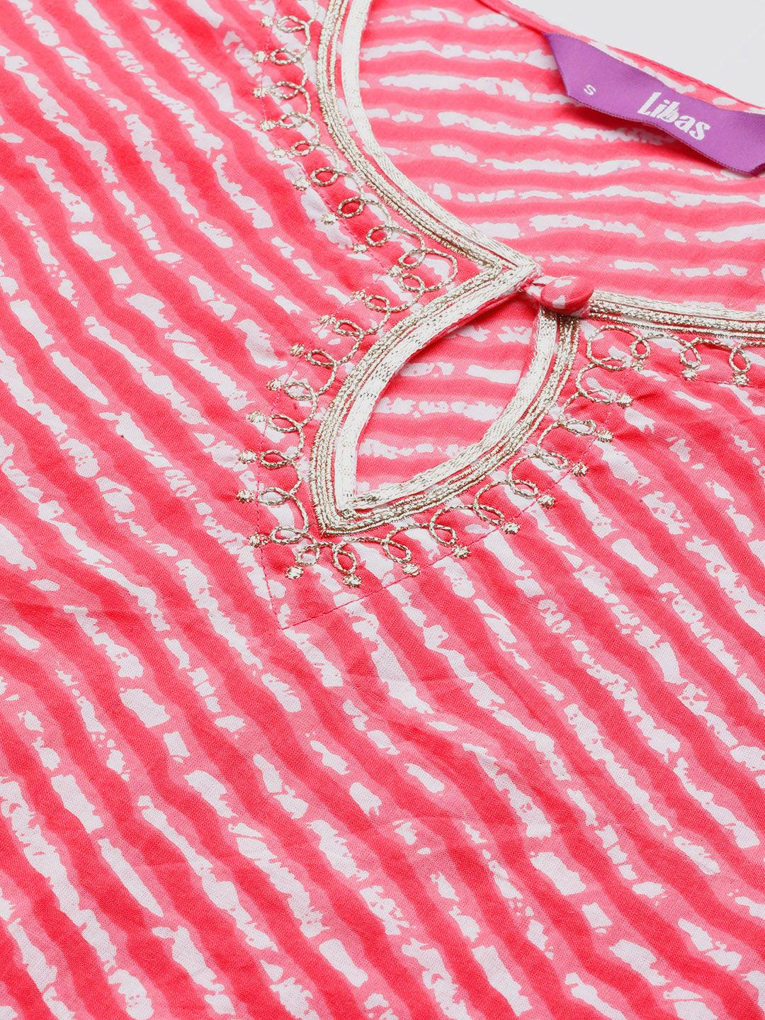 Pink Striped Cotton Straight Kurta - Libas