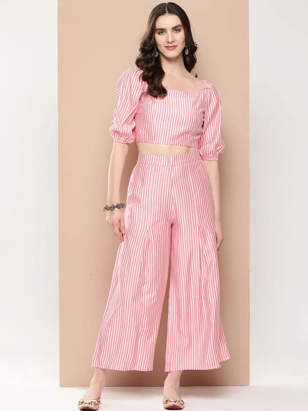Pink Striped Polyester Top With Palazzos - Libas 