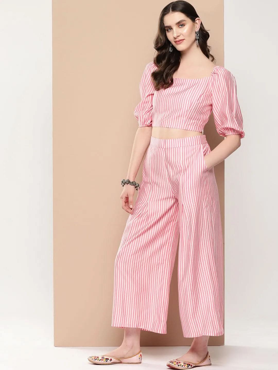 Pink Striped Polyester Top With Palazzos - Libas 