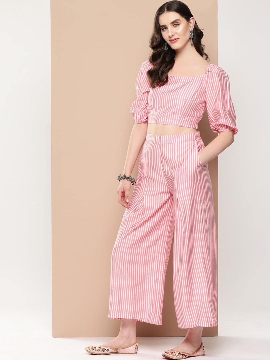 Pink Striped Polyester Top With Palazzos - Libas