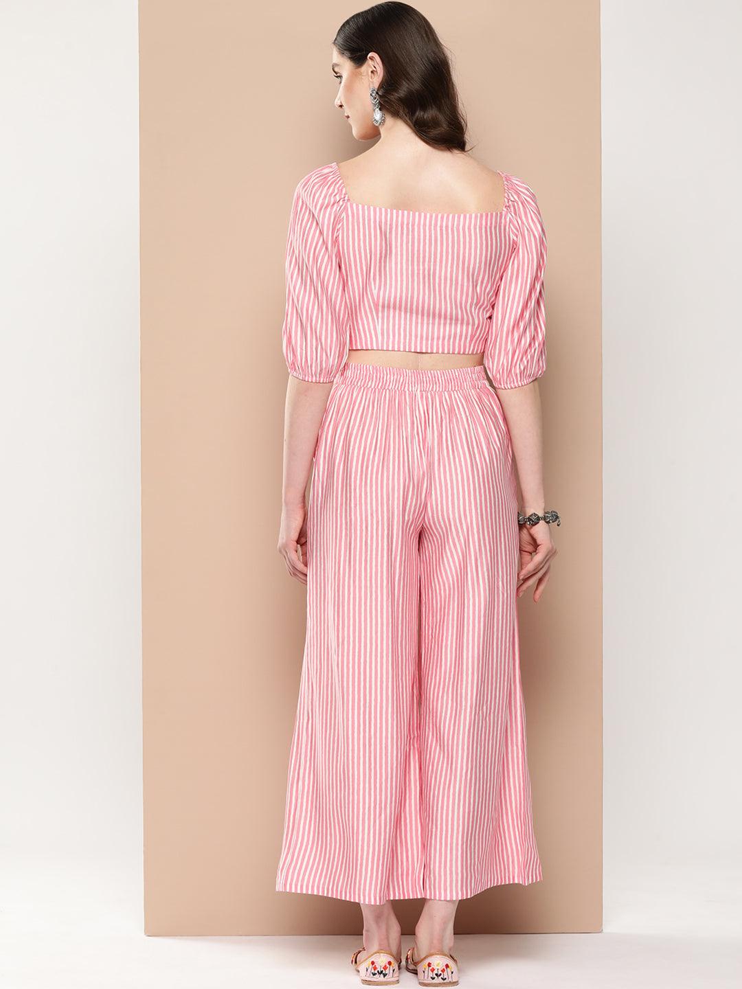 Pink Striped Polyester Top With Palazzos - Libas