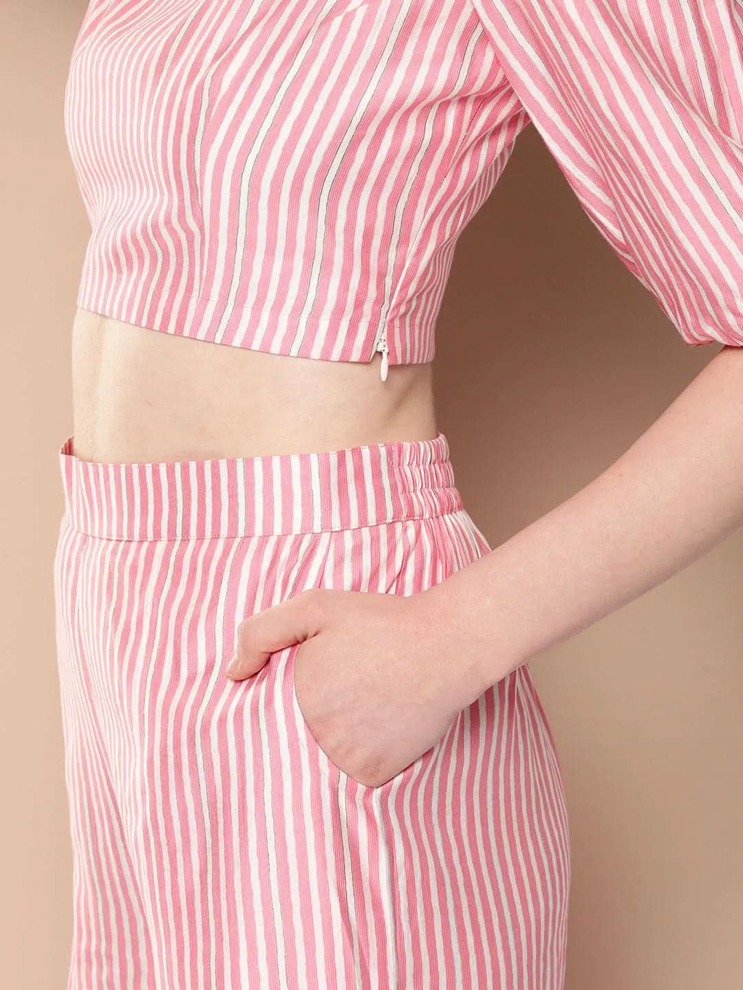 Pink Striped Polyester Top With Palazzos - Libas 