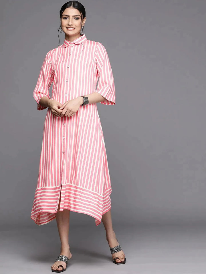 Pink Striped Rayon Dress - Libas