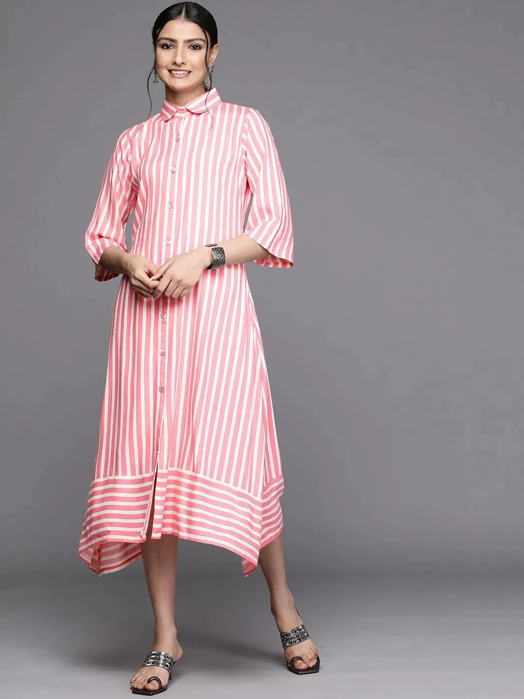 Pink Striped Rayon Dress - Libas