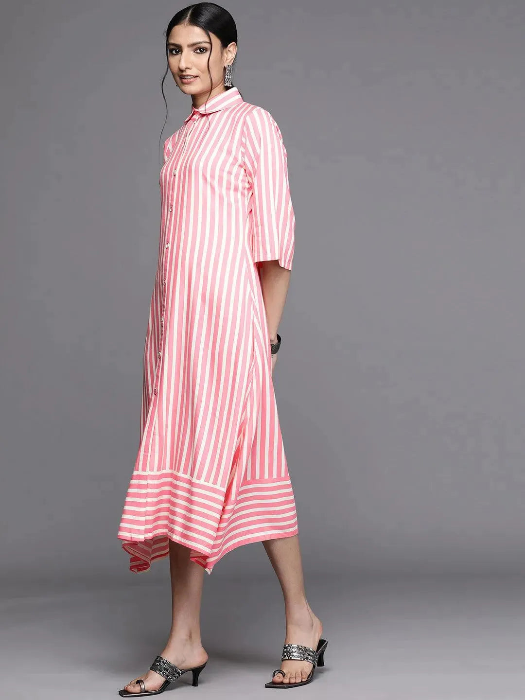 Pink Striped Rayon Dress - Libas