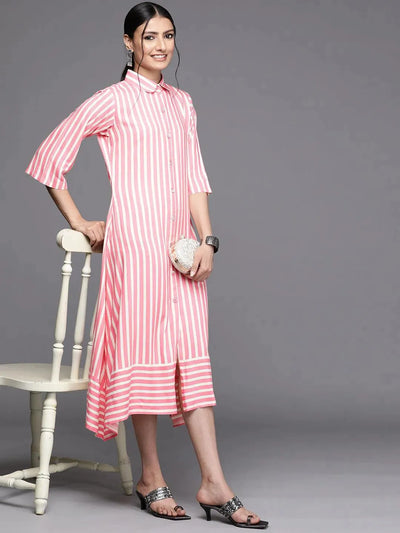 Pink Striped Rayon Dress - Libas