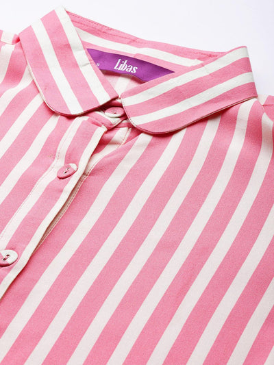 Pink Striped Rayon Dress - Libas