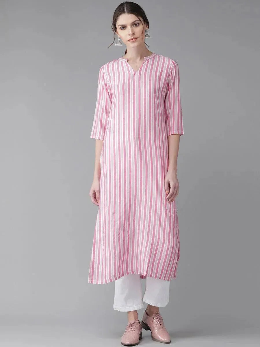 Pink Striped Rayon Kurta - Libas 