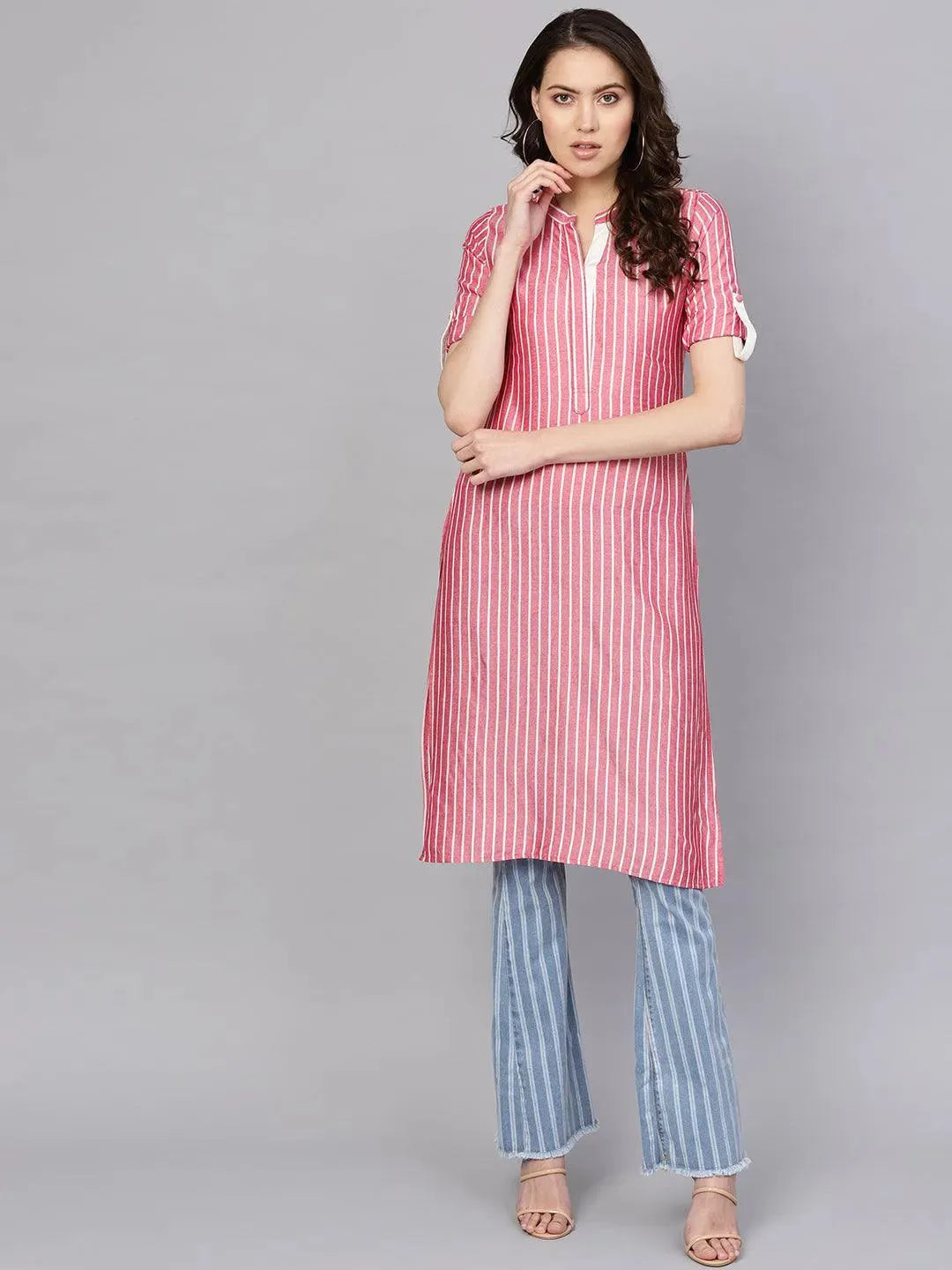 Pink Striped Rayon Kurta - Libas