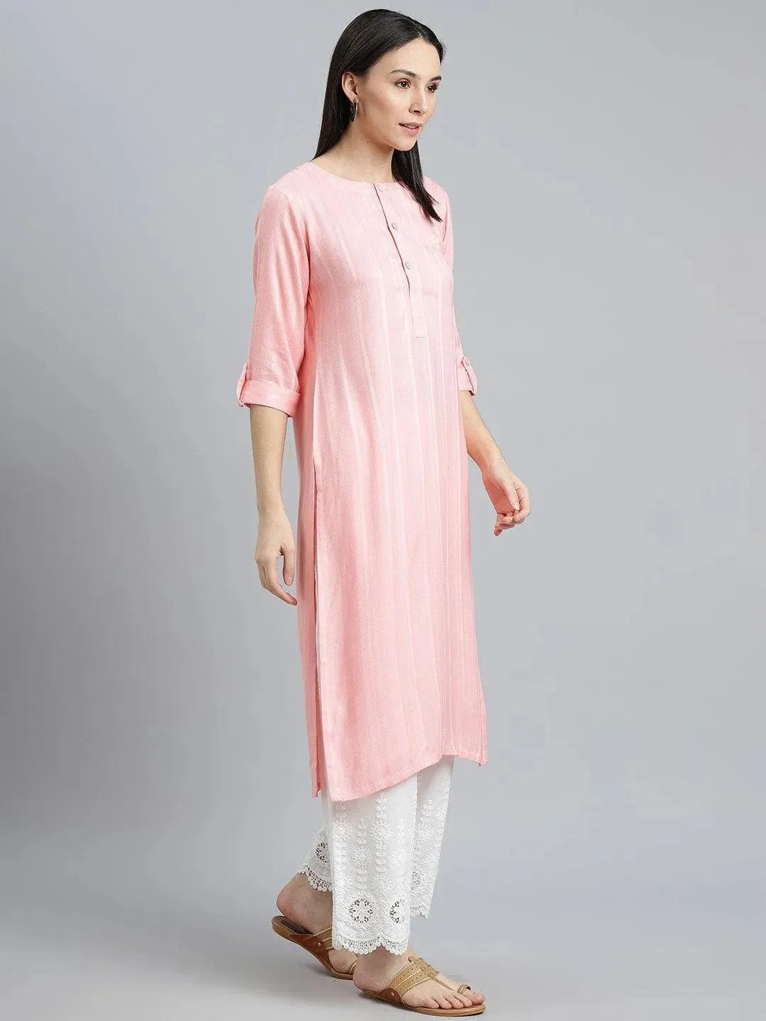 Pink Striped Rayon Kurta - Libas 