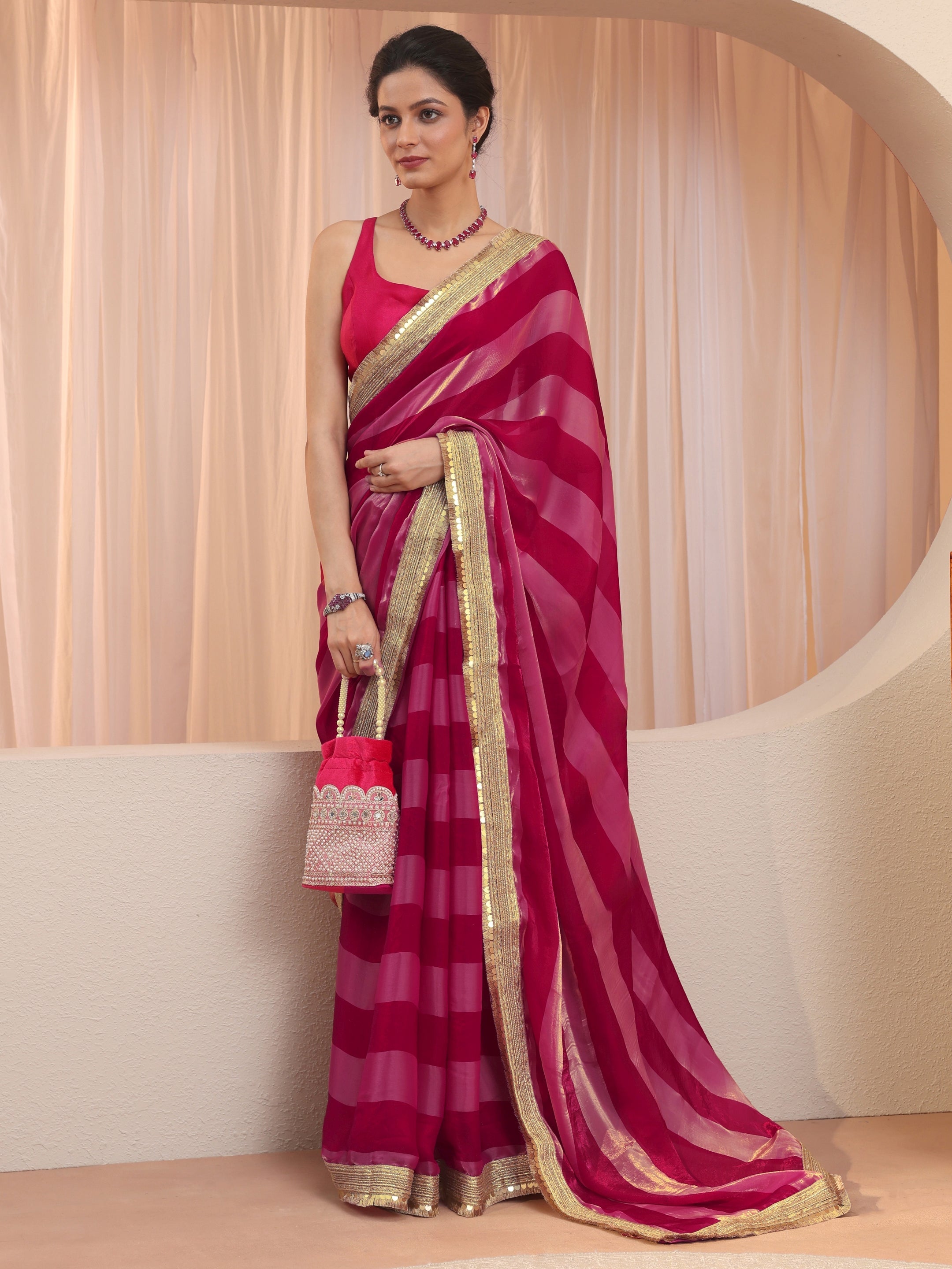 libas Pink Striped Textured Tissue Saree-picture-65