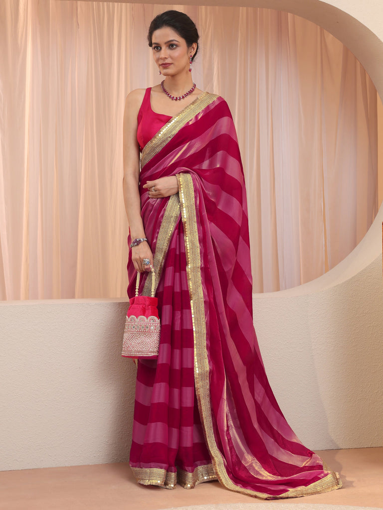 Libas Pink Striped Textured Tissue Saree