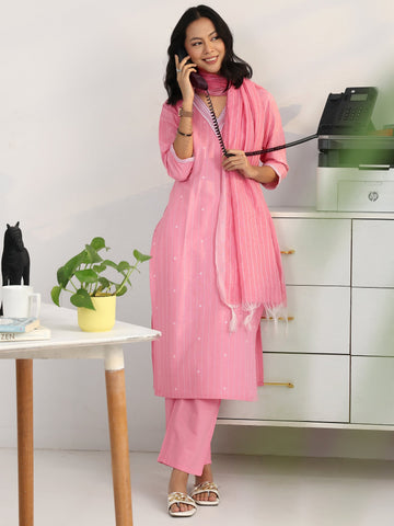 Pink Striped Woven Design Cotton Blend Straight Suit Set With Dupatta