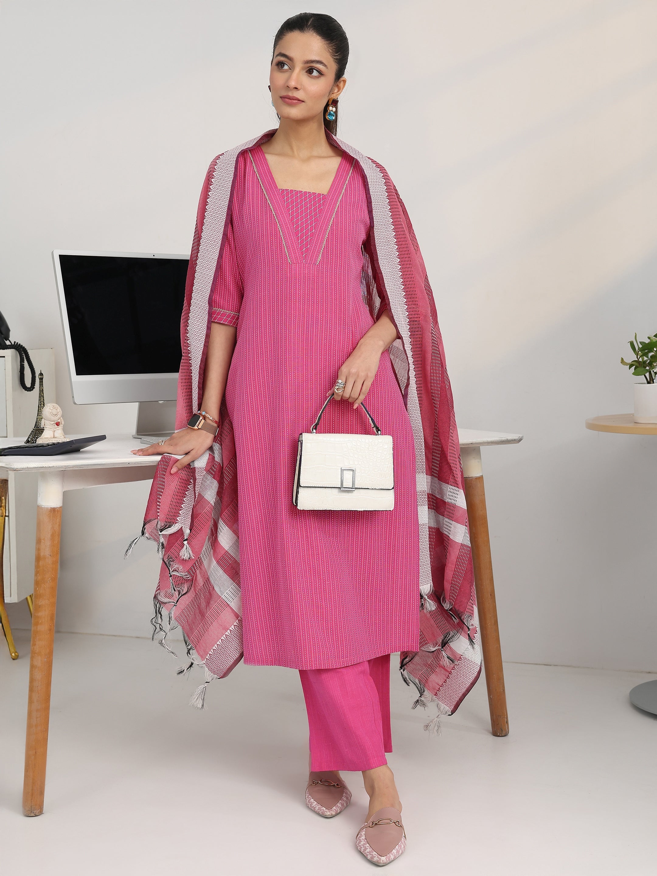 Pink Striped Woven Design Cotton Blend Straight Suit Set With Dupatta-image-46