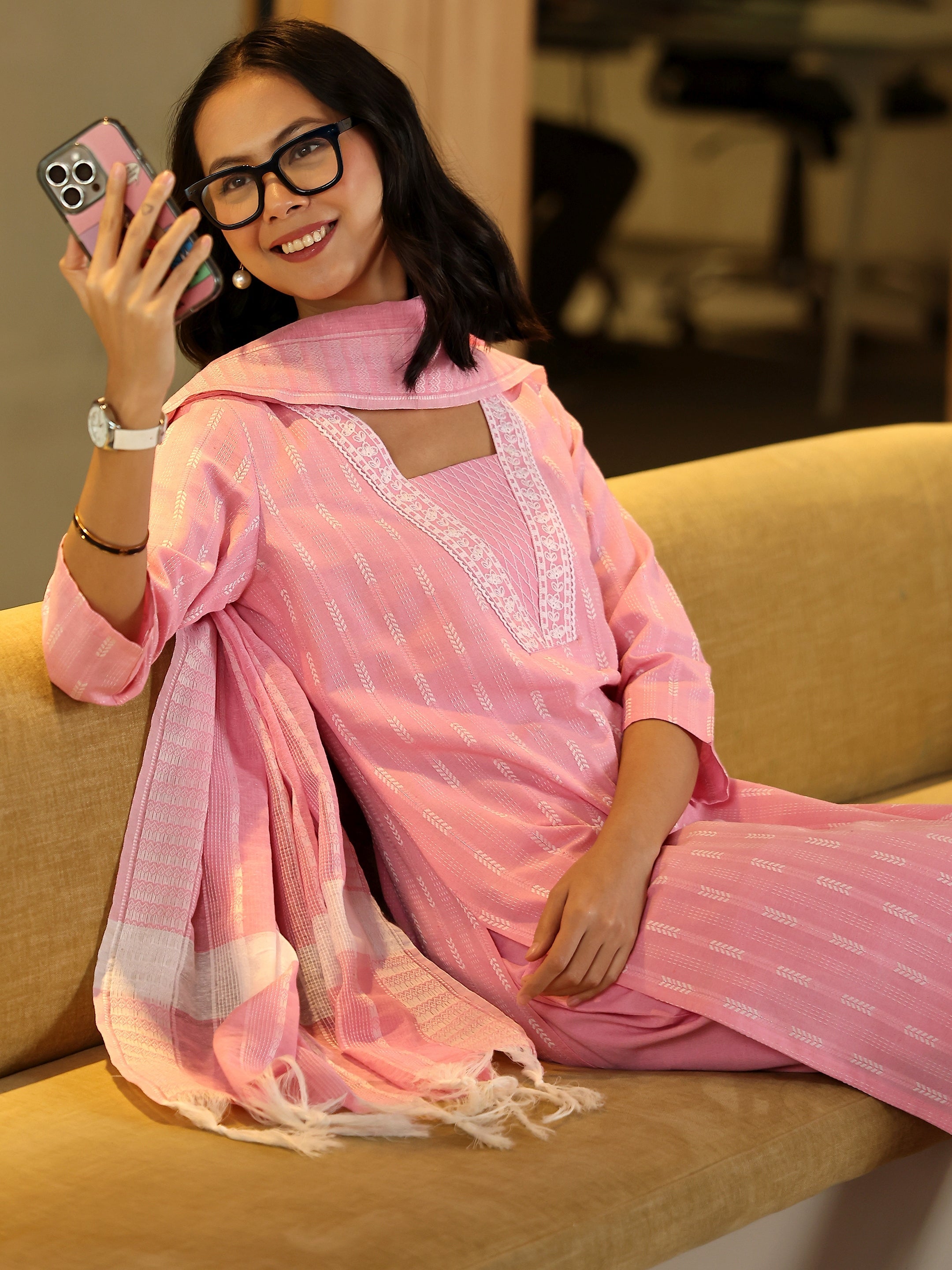 Pink Striped Woven Design Cotton Blend Straight Suit Set With Dupatta-image-42
