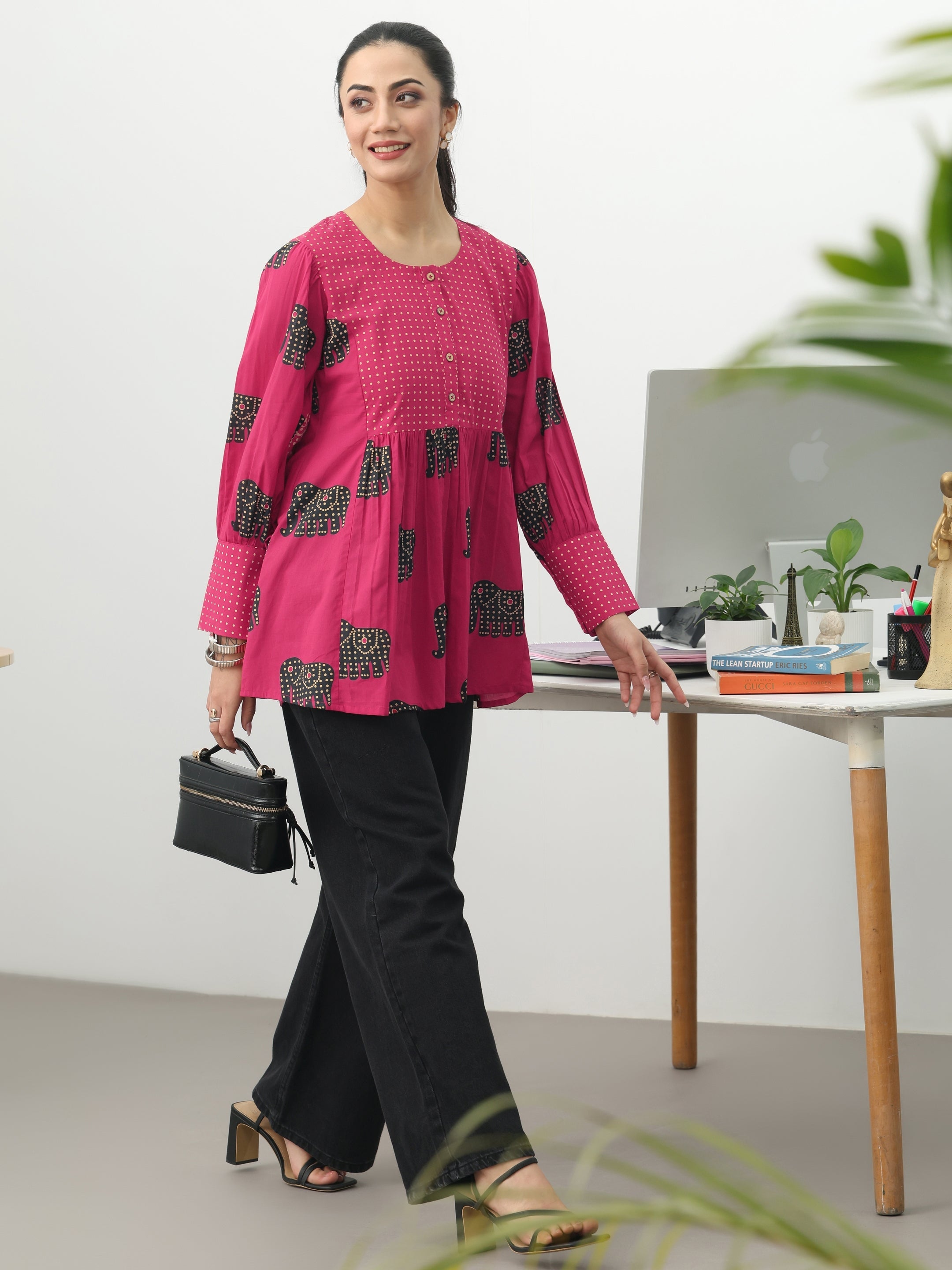 libas Pink Tribal Printed Cotton Blend A-Line Short Kurti-picture-31