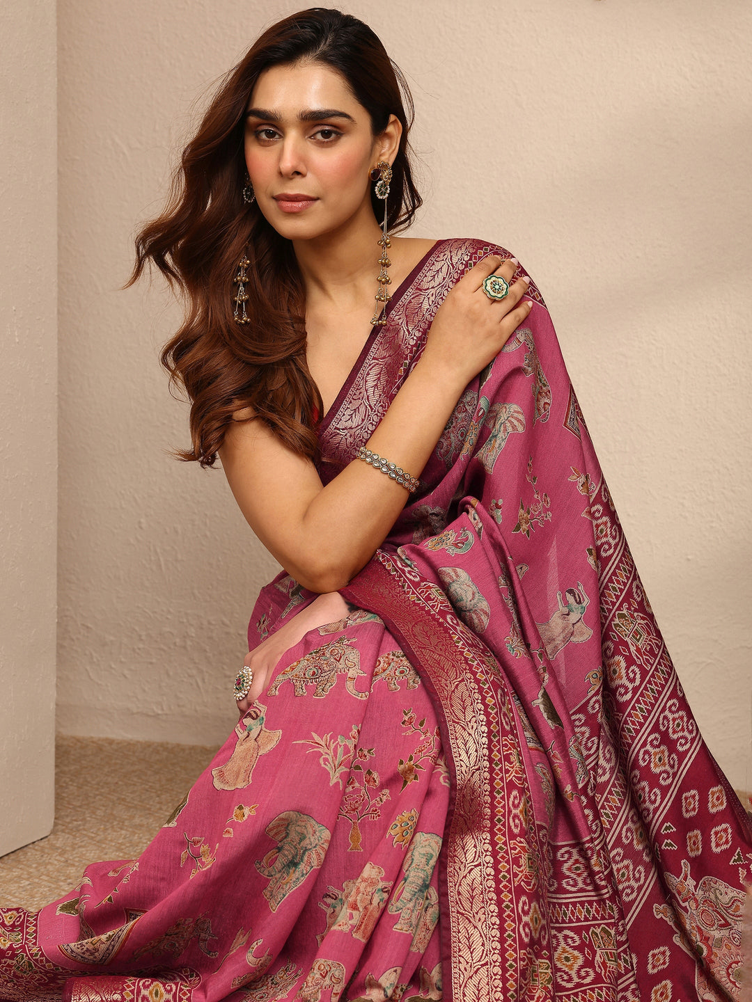  Pink Tribal Printed Silk Blend Saree With Unstitched Blouse Piece 
