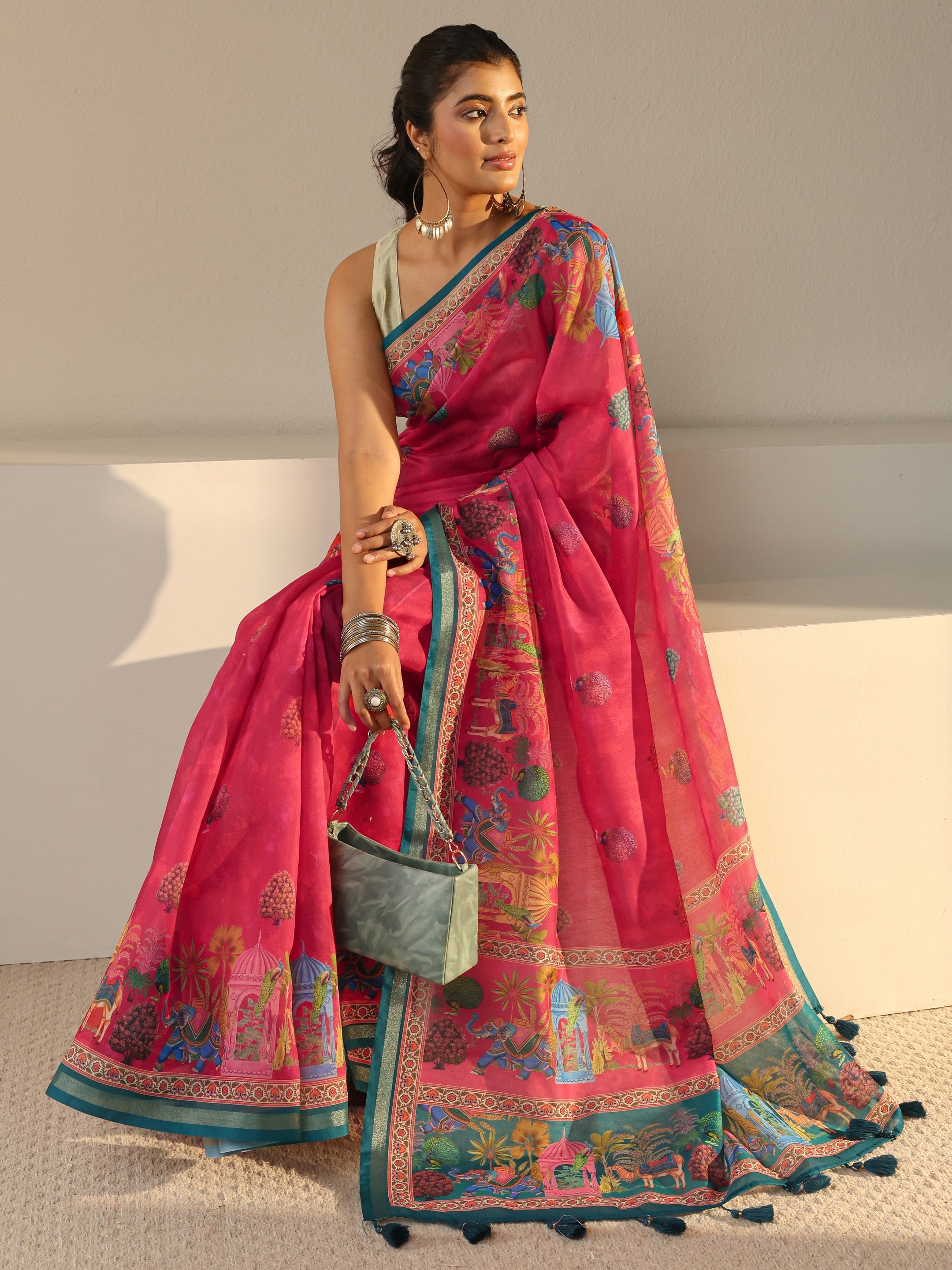 Pink Tribal Printed Silk Blend Tassel Saree With Unstitched Blouse Piece-image-43
