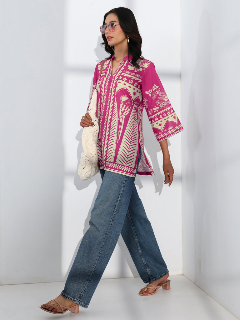 Libas Pink Tropical Printed Cotton Blend Straight Short Kurti