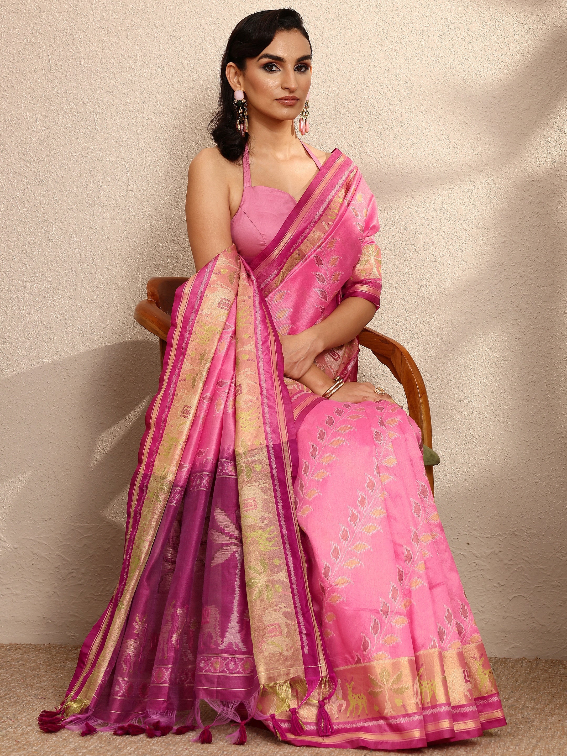 libas Pink Woven Design Banarsi Silk Blend Saree With Unstitched Blouse Piece-picture-14