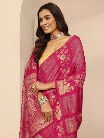 Pink Woven Design Banarsi Silk Blend Saree With Unstitched Blouse Piece