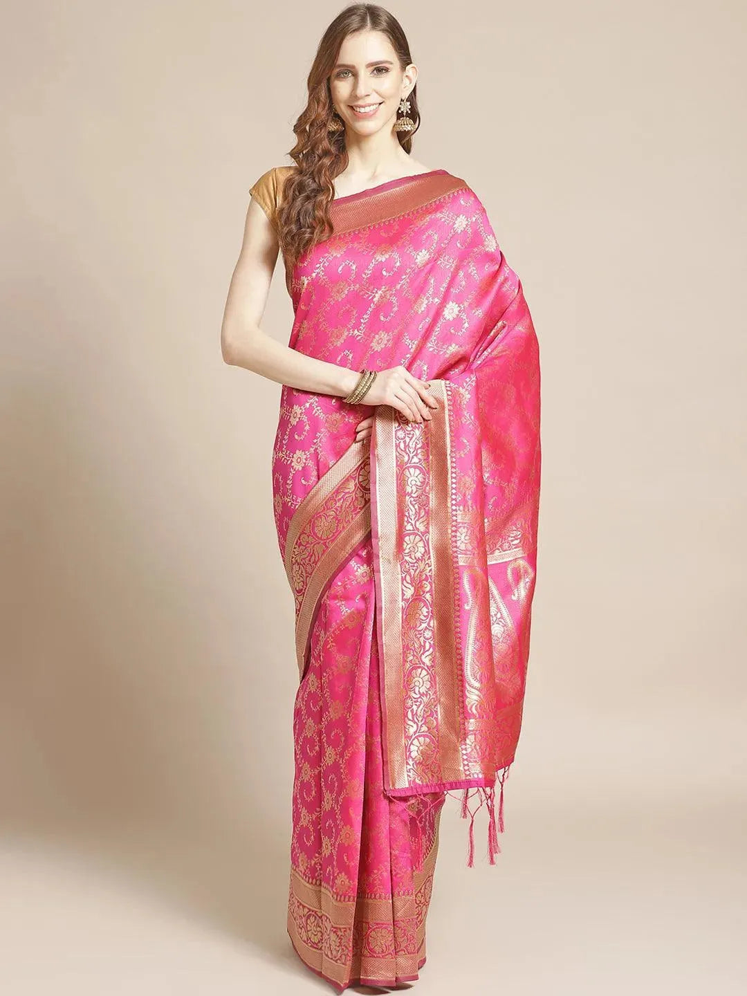 Pink Woven Design Brocade Saree - Libas