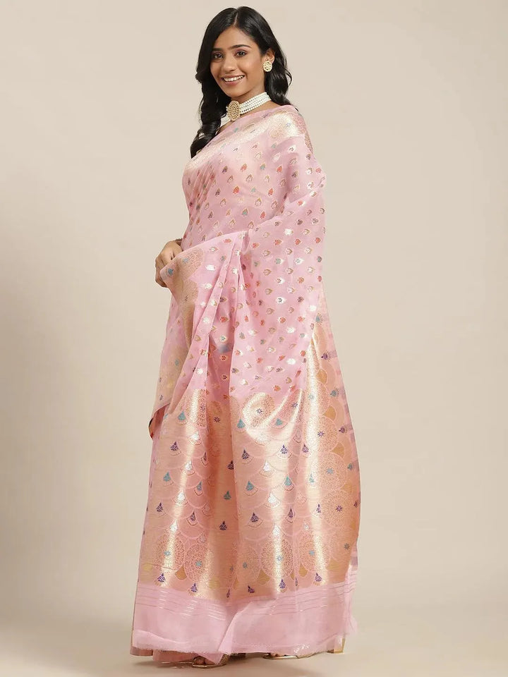 Pink Woven Design Brocade Saree - Libas