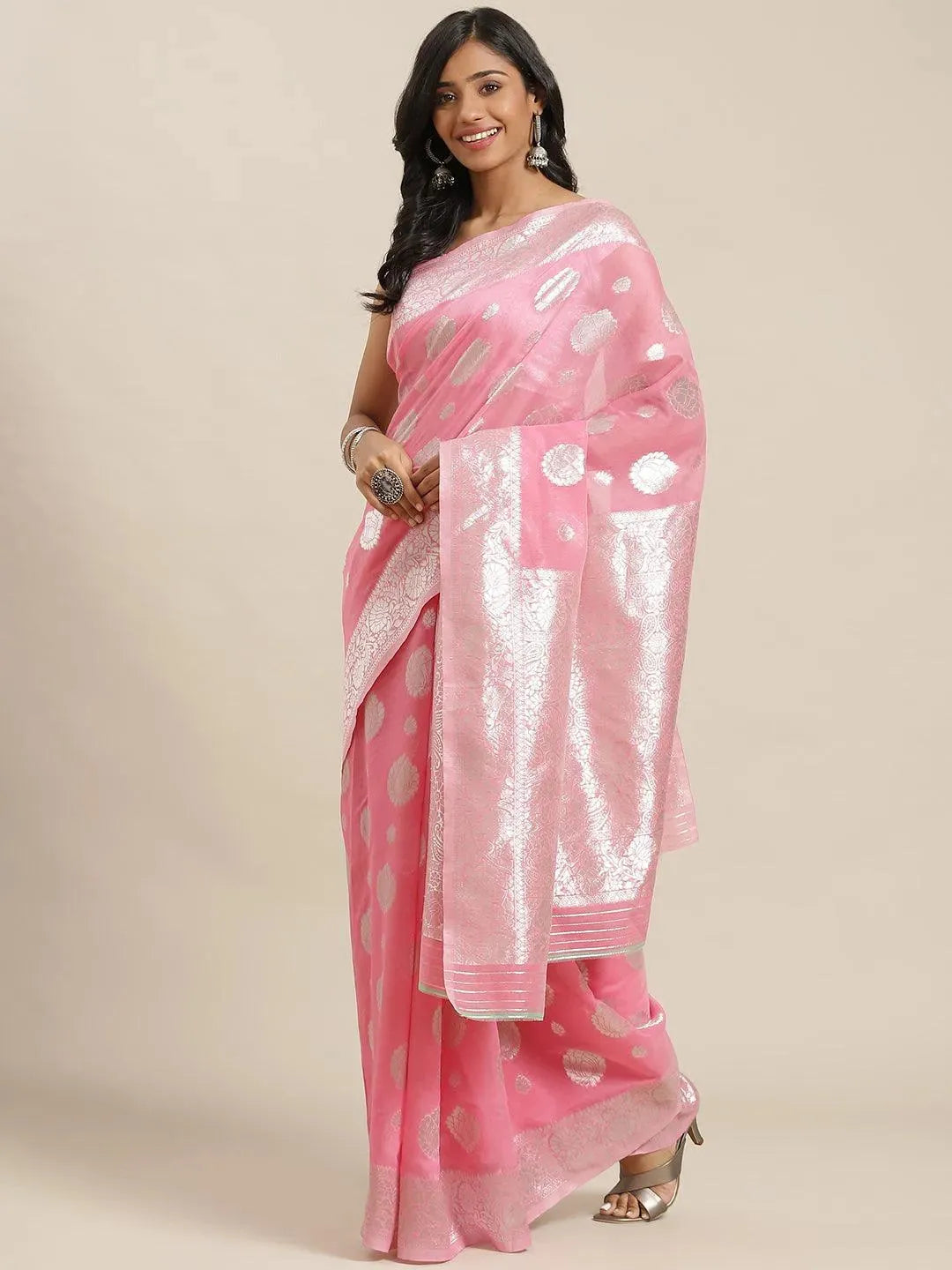 Pink Woven Design Brocade Saree - Libas