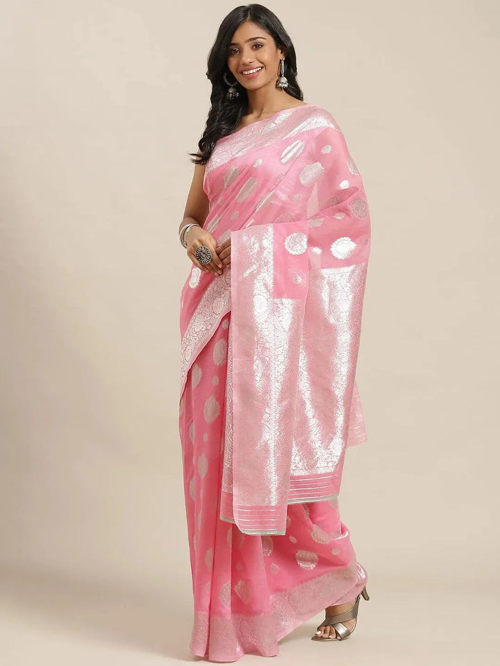 Pink Woven Design Brocade Saree - Libas