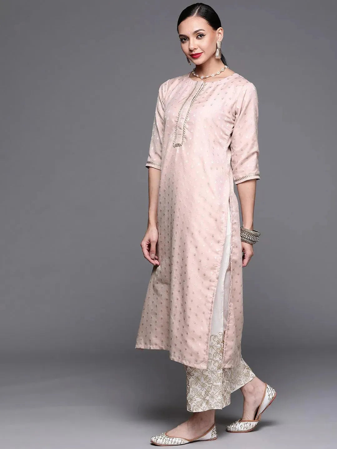 Pink Woven Design Chanderi Silk Kurta - Libas 