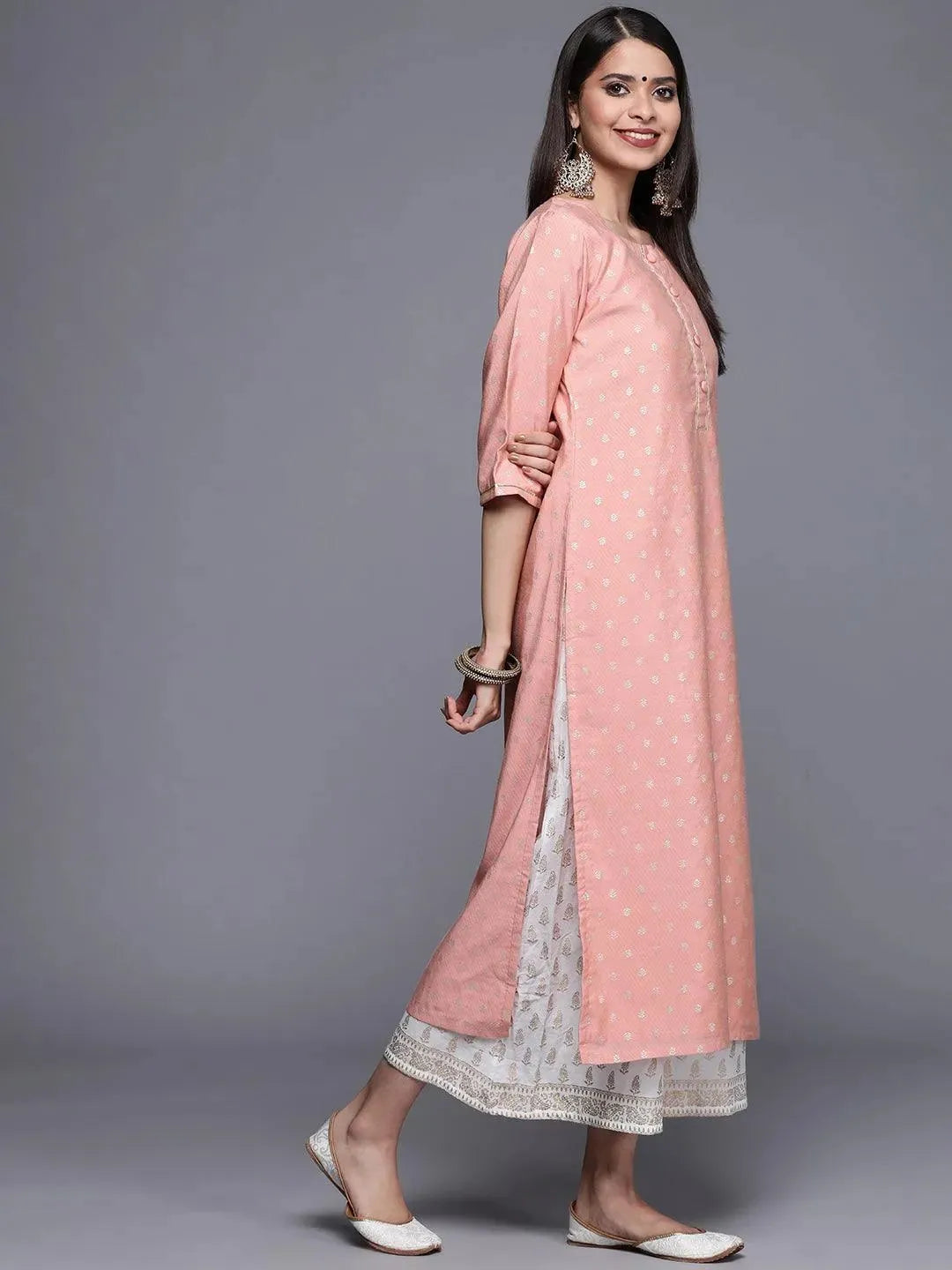 Pink Woven Design Chanderi Silk Kurta - Libas