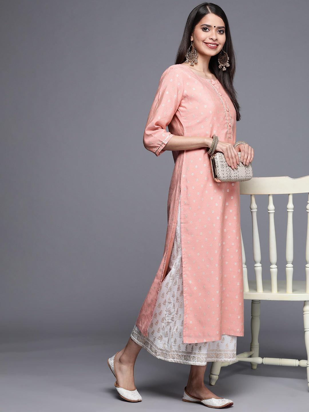 Pink Woven Design Chanderi Silk Kurta - Libas