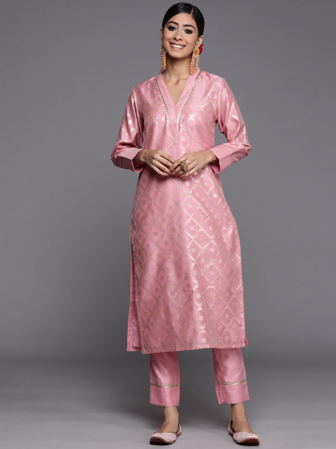 Pink Woven Design Chanderi Silk Straight Kurta - Libas