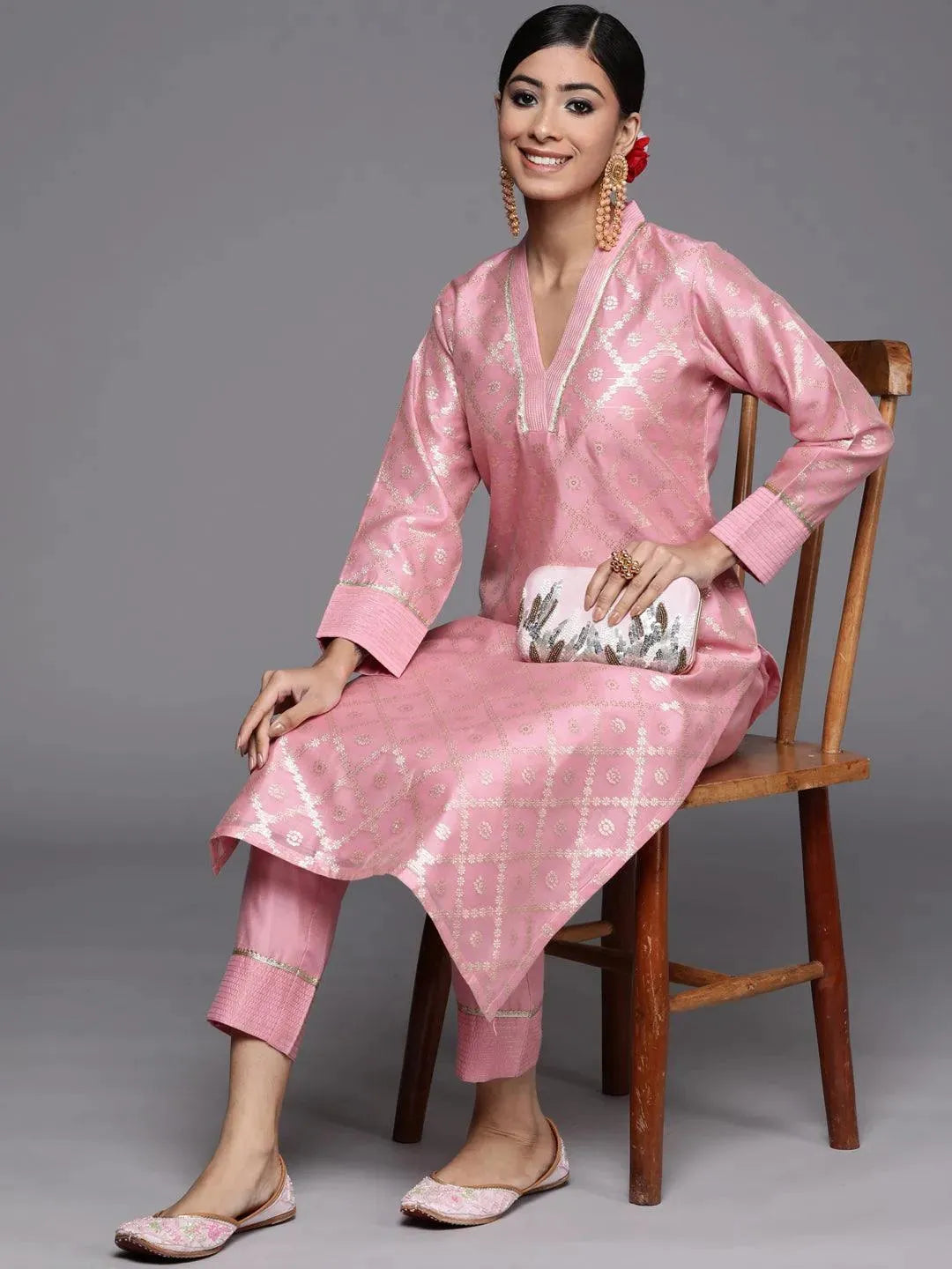 Pink Woven Design Chanderi Silk Straight Kurta - Libas 