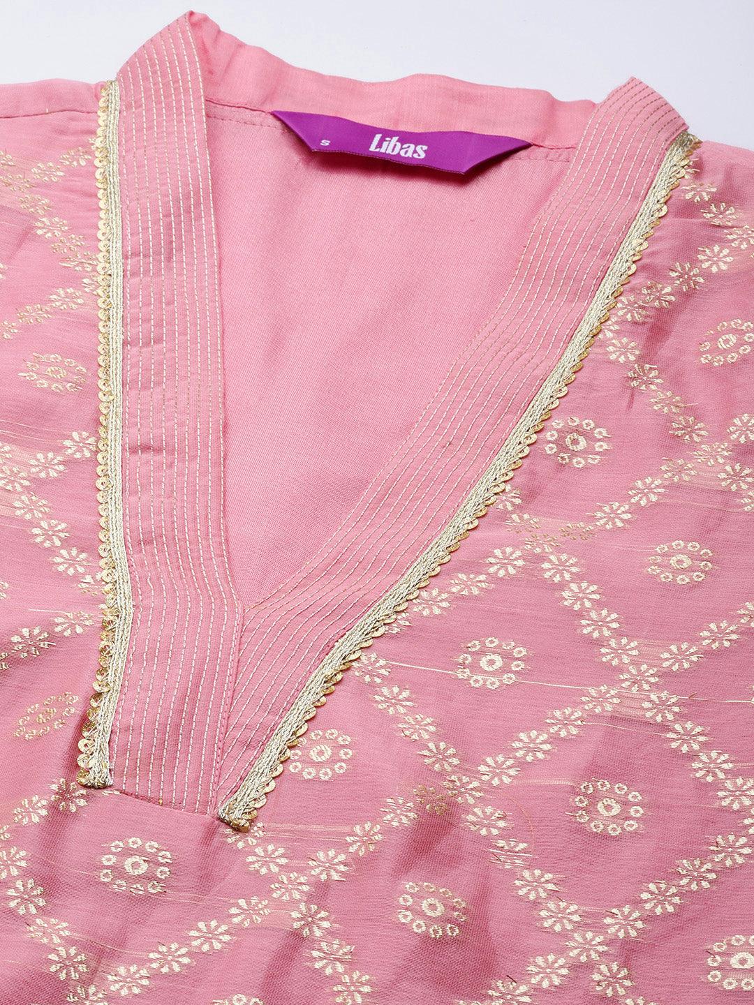 Pink Woven Design Chanderi Silk Straight Kurta - Libas