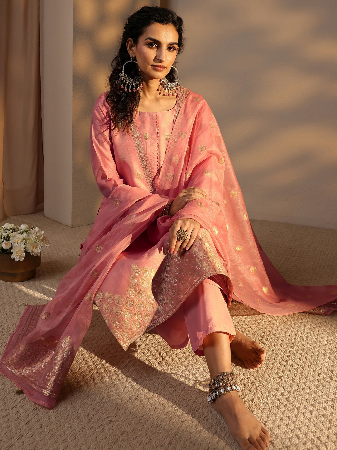  Pink Woven Design Chanderi Silk Straight Suit Set With Dupatta 